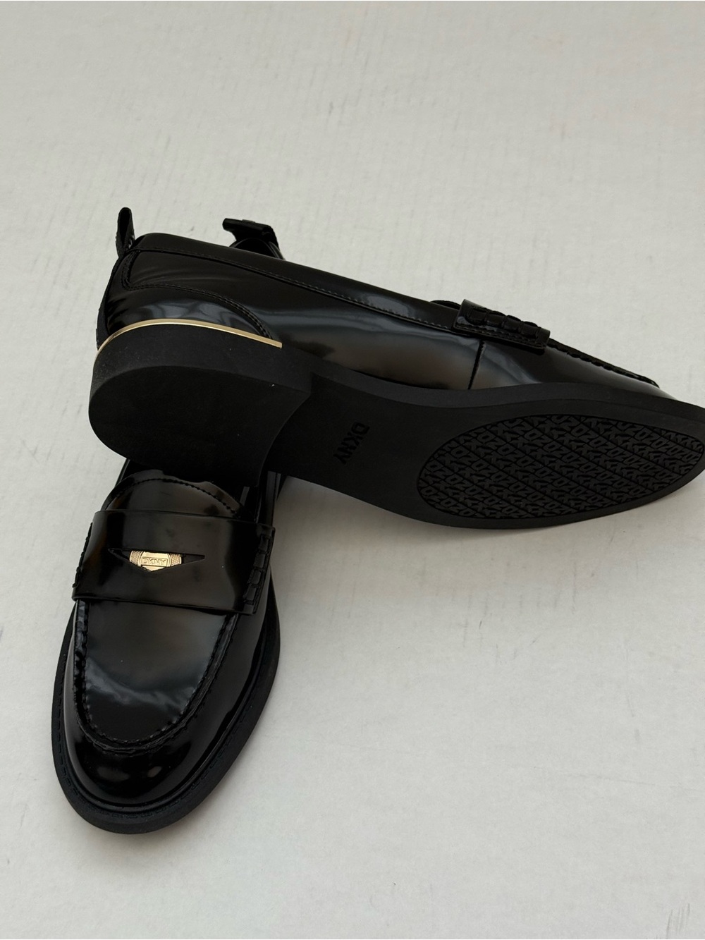 DKNY Black Patent Loafers with Gold Accent Size 10 - Picture 5 of 14